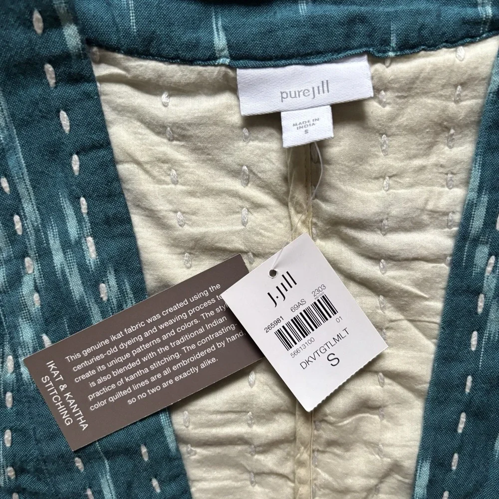 J. Jill Pure Jill Kantha Stitched Ikat Jacket Kimono Sari Open Front Teal Blue S